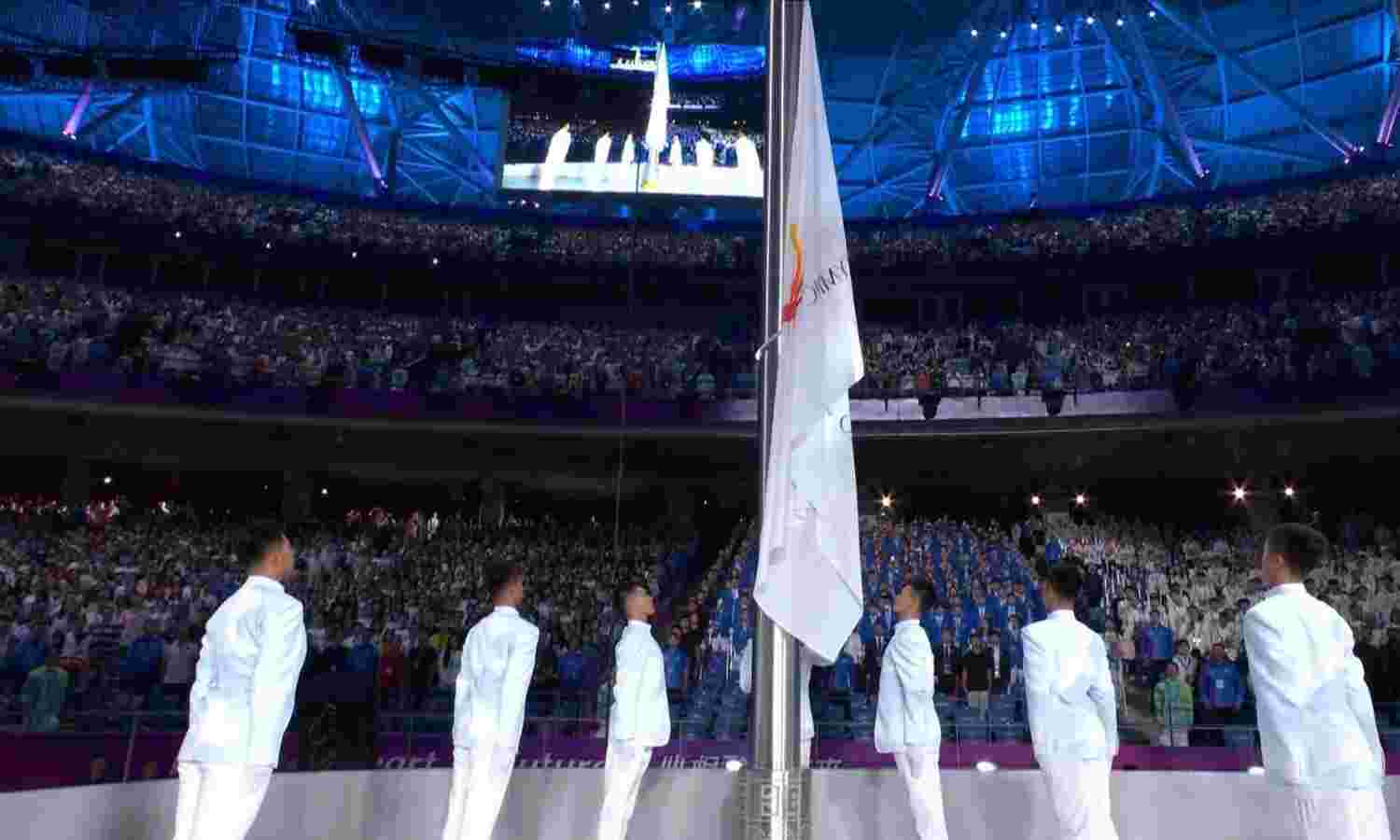 The flag of the Olympic Council of Asia is being... ... Asian Games 2023 Opening ceremony live: Asian Games declared open