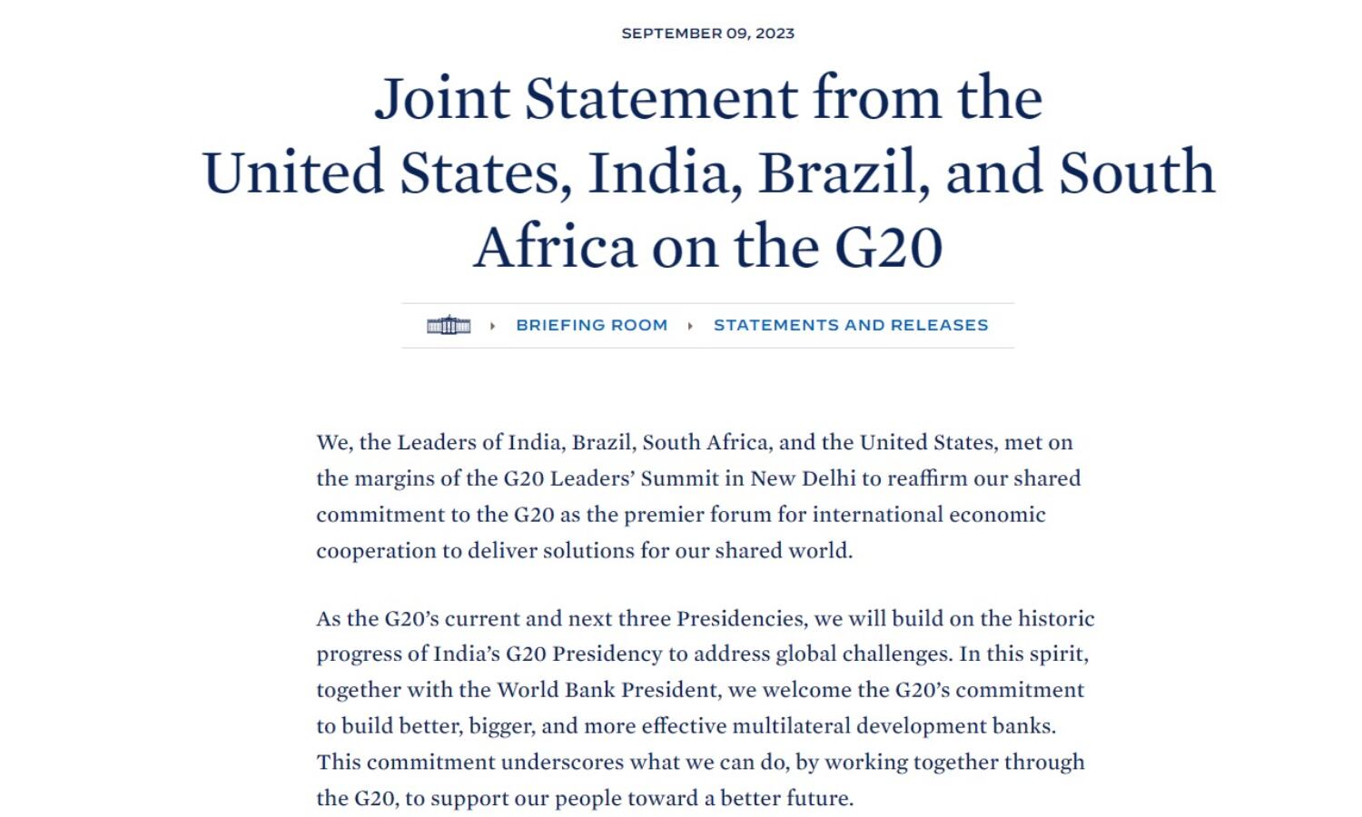 Joint statement from the US, India, Brazil, and... ... G20 Summit live updates: Delegates arrive to attend special dinner hosted by Prez Murmu